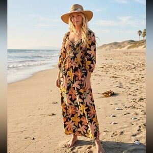 Billabong Wish Me Luck Floral Boho Maxi Dress with Puff Sleeves